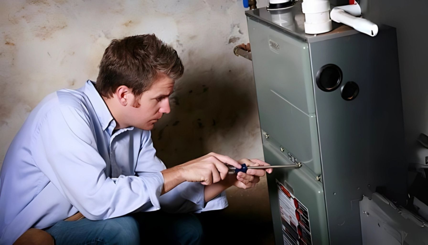 A person in a light blue shirt is kneeling and repairing a green furnace with a screwdriver in a basement setting.