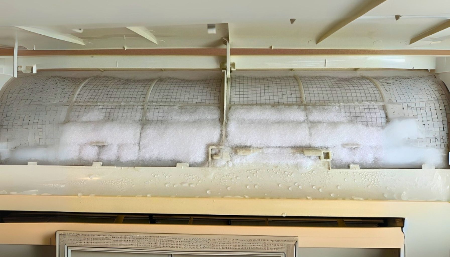 Close-up of ice buildup in an appliance, showing frosted mesh and white foam. What to do when your AC unit freezes, Turn it off, let it thaw, and check for airflow issues or dirty filters.