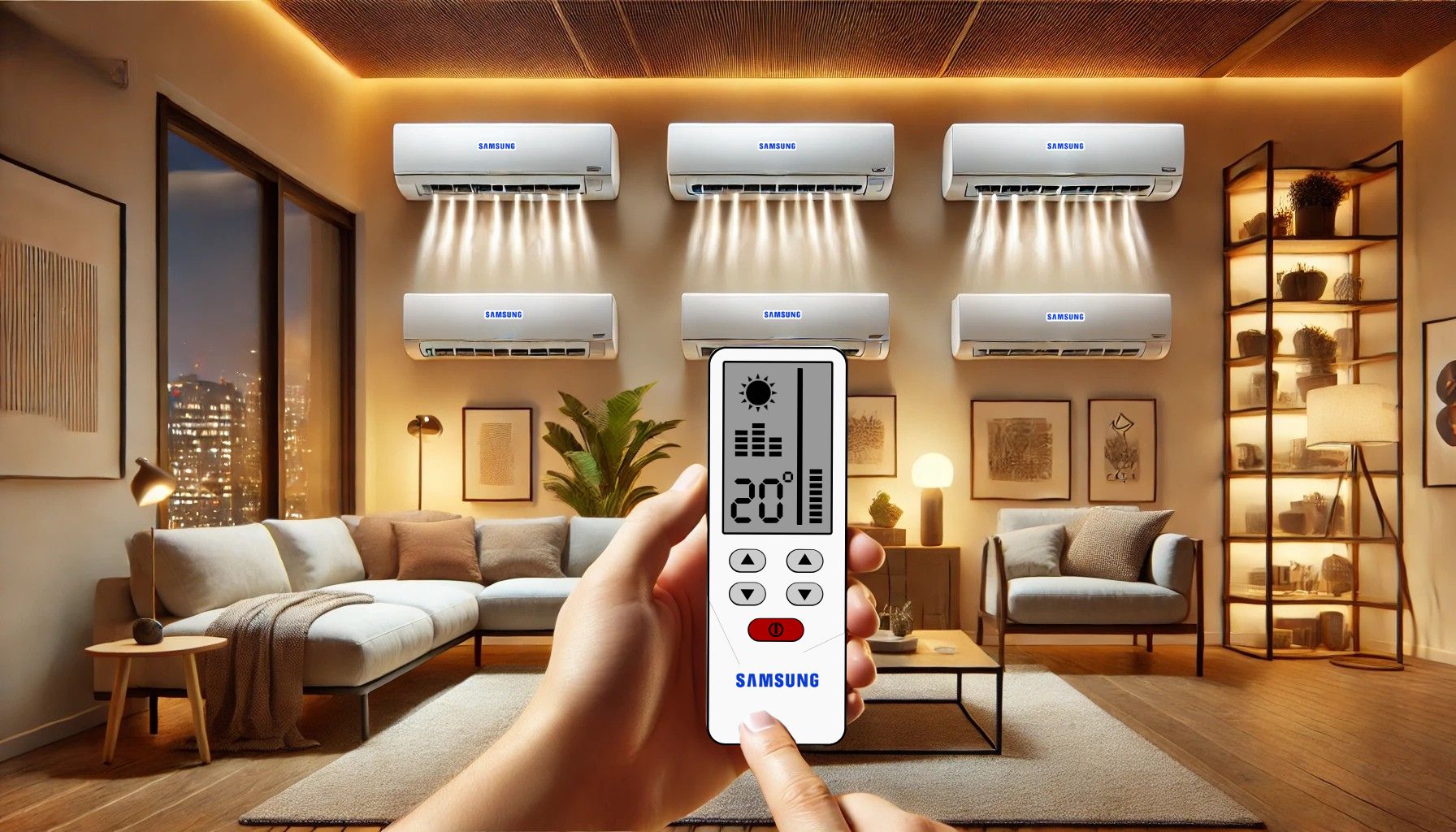 A person holds a Samsung remote, change multiple samsung mini split to heat in a stylish, warmly lit living room with modern decor.