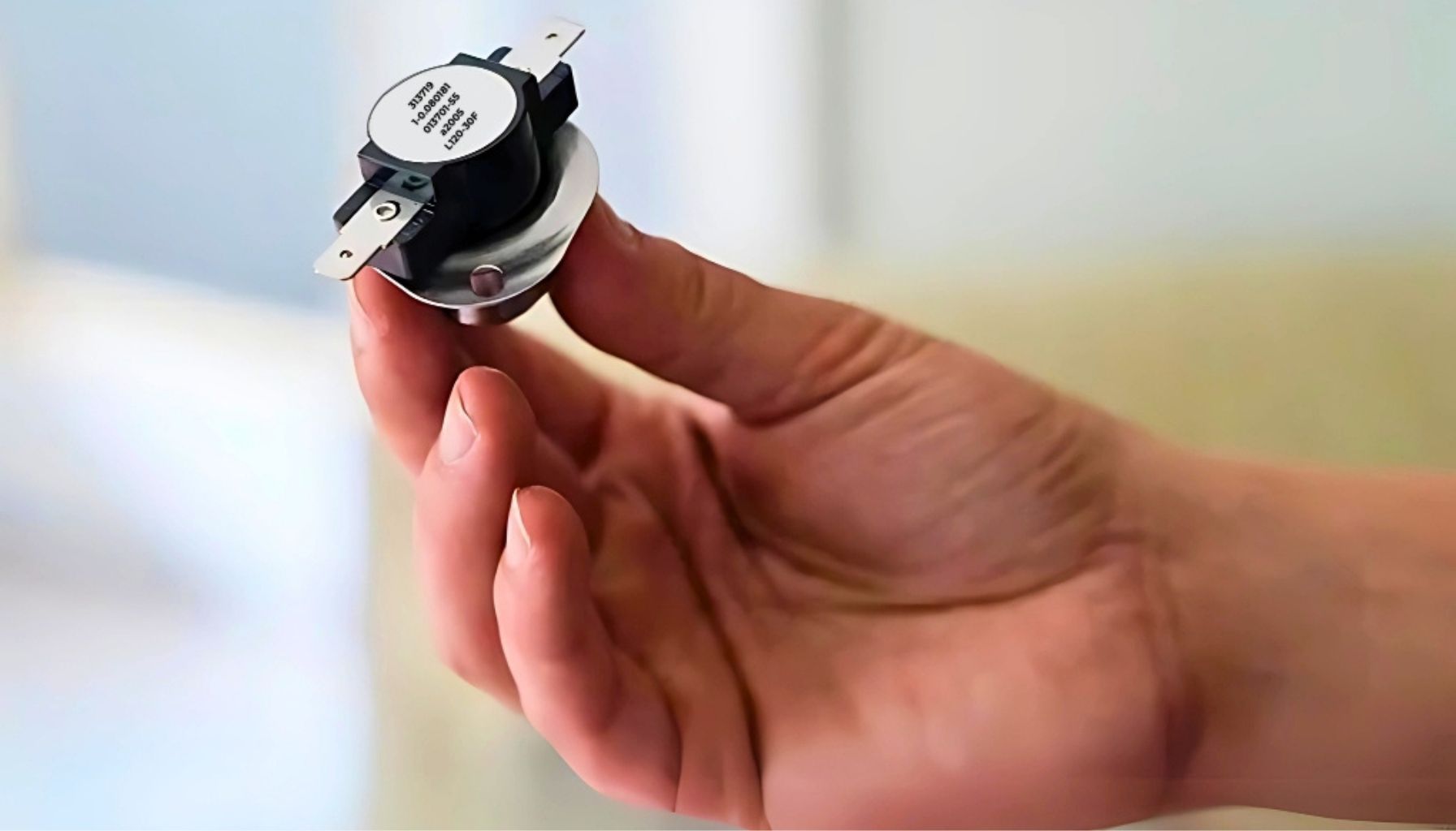 A person holds a furnace limit switch, possibly a switch or relay, with metal terminals and a circular body, against a soft background.