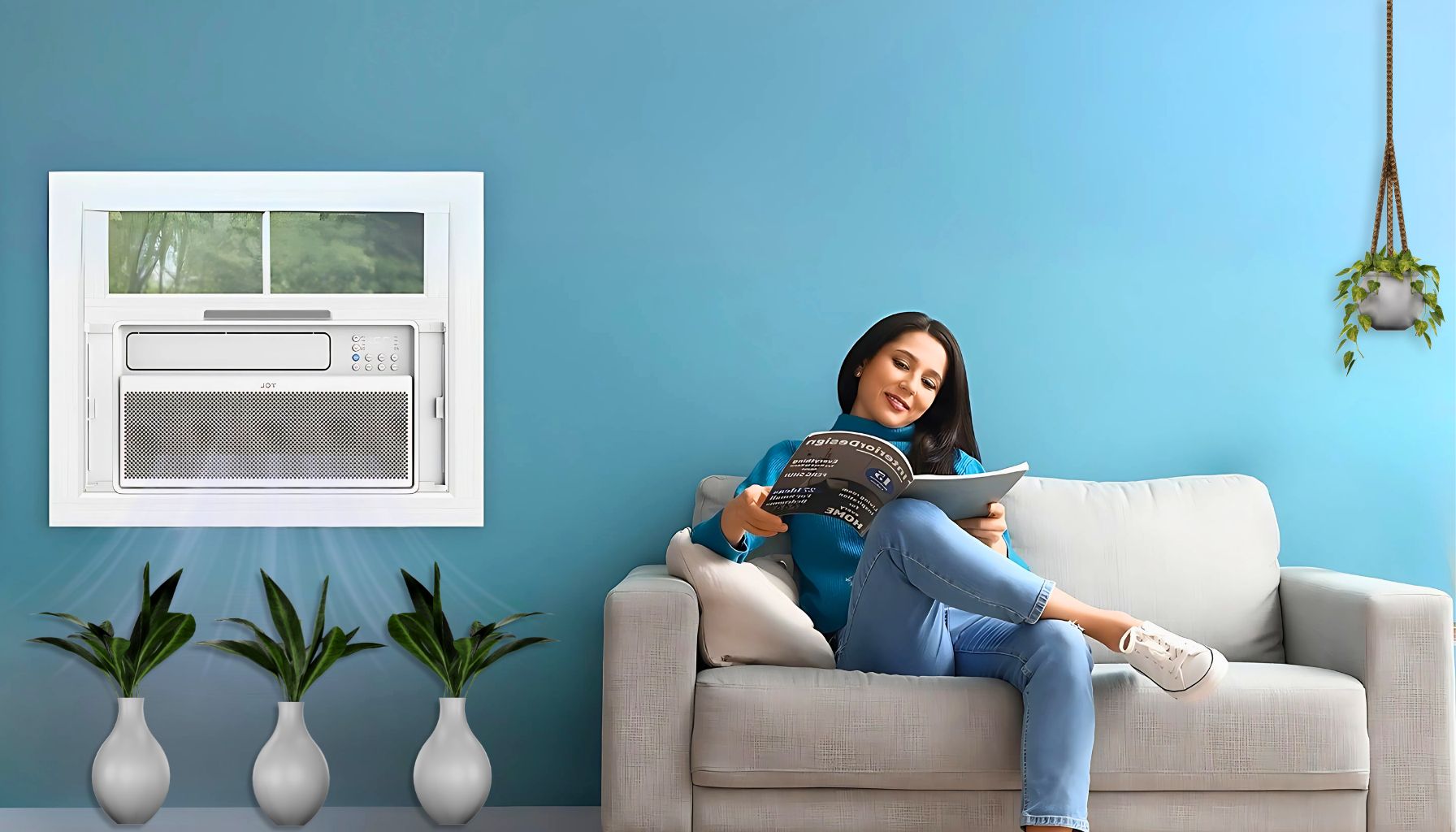 A person relaxes on a sofa reading a magazine, with a low profile air conditioners and potted plants in a room with blue walls.