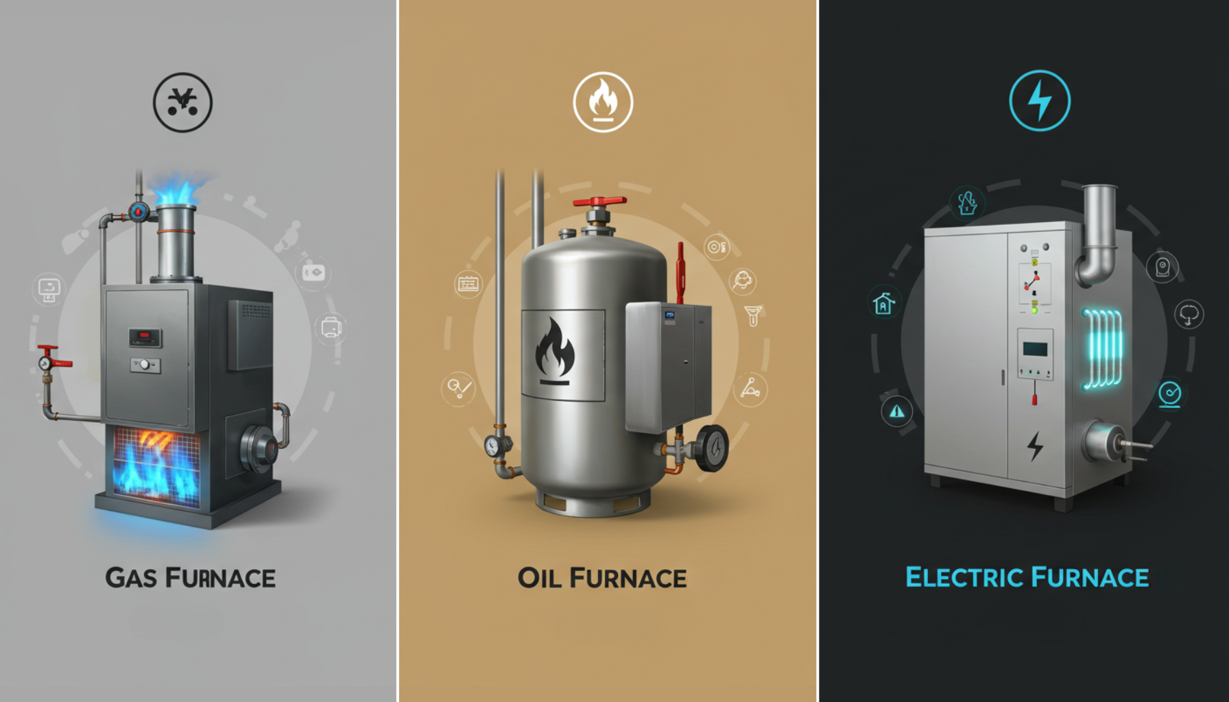 Illustration comparing three types of furnaces: Gas, Oil, and Electric, each with distinct features and icons symbolizing functionality, helping homeowners understand new furnace cost and choose the best option.