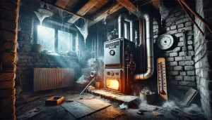 A dimly lit, dusty basement features an antique old furnace, cobwebs, a thermometer, and smoke, creating a chilly, eerie atmosphere.