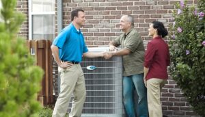 A technician in a blue shirt shakes hands with a homeowner outside a house, discussing an air conditioning unit and the potential tax rebate on AC repair units. A woman observes nearby.