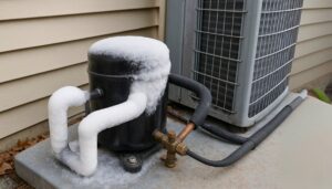An iced-over air conditioning unit with snow, icicles, and a dirty filter, often causes of compressor freezing over.