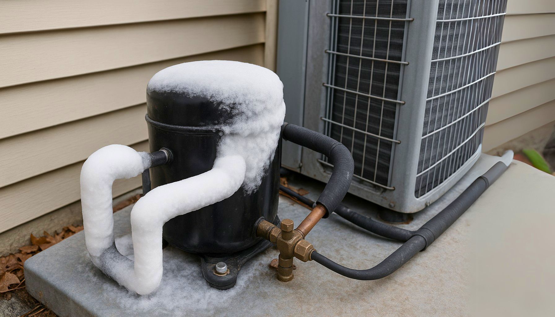 An iced-over air conditioning unit with snow, icicles, and a dirty filter, often causes of compressor freezing over.