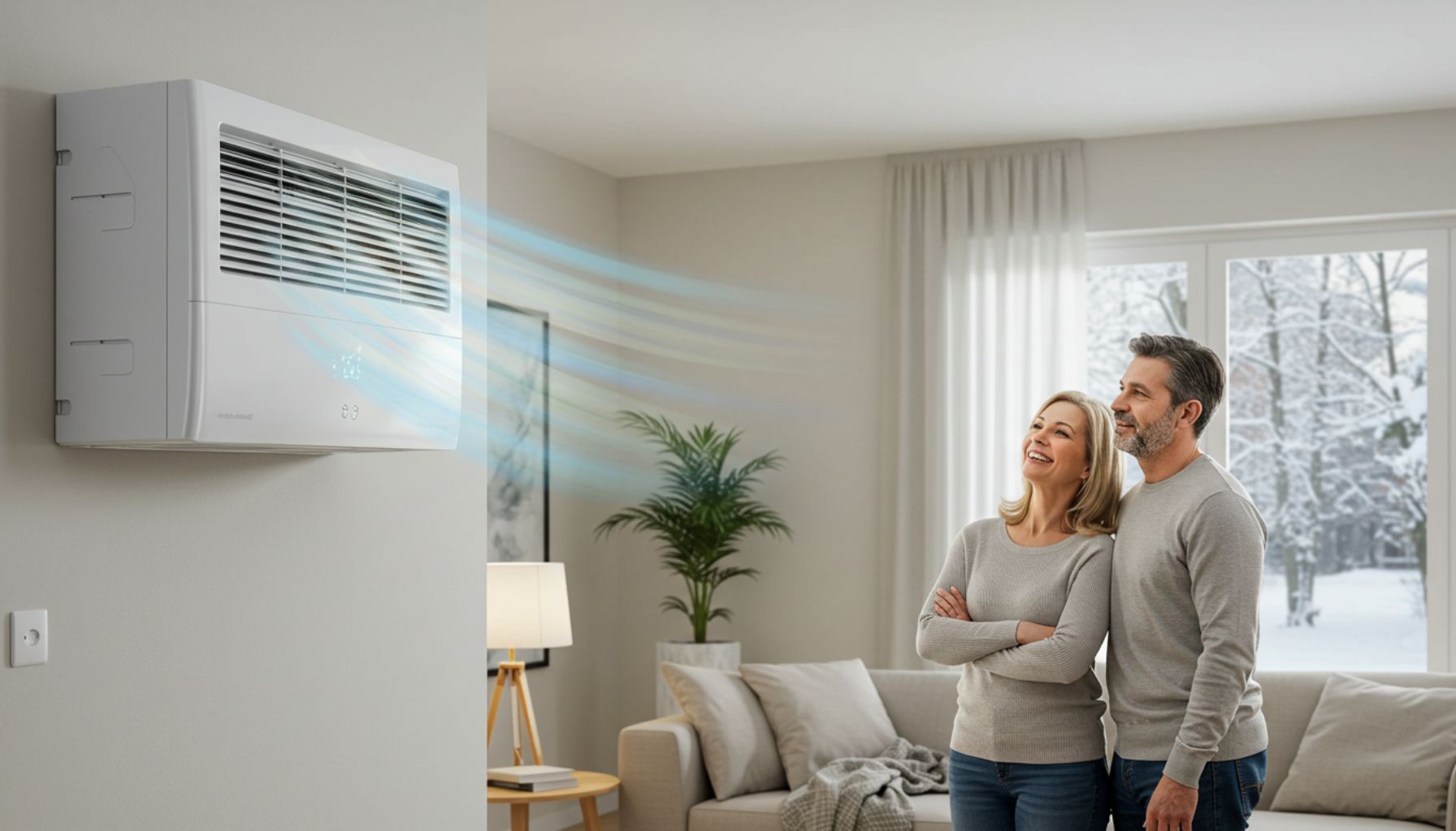 A couple admires one of the Best Heater Air Conditioner Combo Wall Units cooling their cozy room with snow outside.