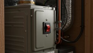 A close-up of a metallic equipment box with a prominent red switch labeled "ON," commonly seen as the Power Switch on a Mobile Home Furnace, surrounded by pipes and insulation.
