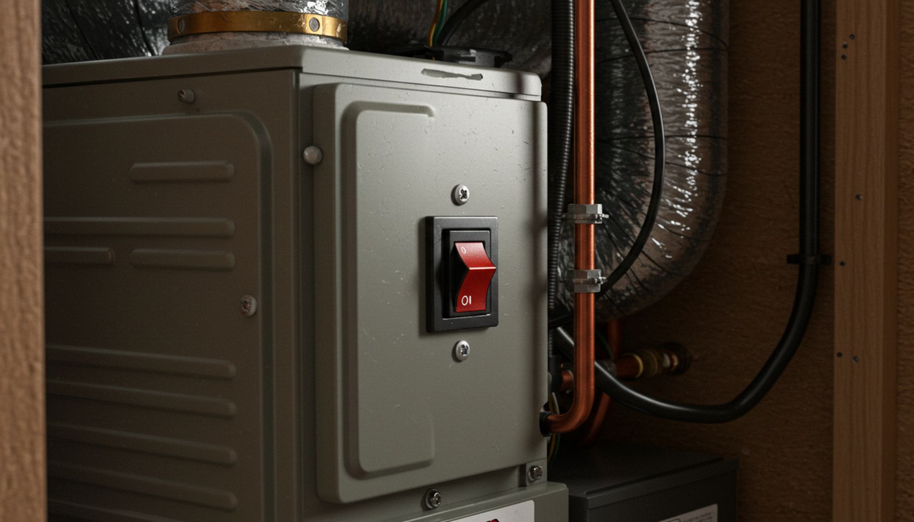 A close-up of a metallic equipment box with a prominent red switch labeled "ON," commonly seen as the Power Switch on a Mobile Home Furnace, surrounded by pipes and insulation.