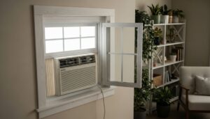 An window ac ductless installed in a window with potted plants nearby and a cozy armchair in a well-decorated living room.