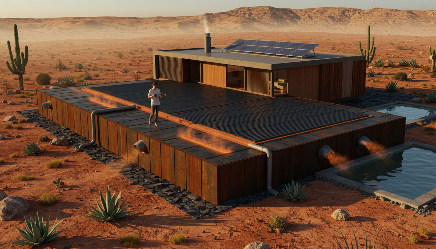 A heat platform house, eco-friendly house in a desert landscape, featuring solar panels, a person holding a device, and steam rising from vents.