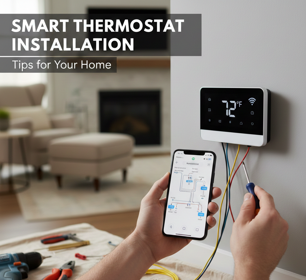 Thermostat installation process showing the device mounted with wires exposed.