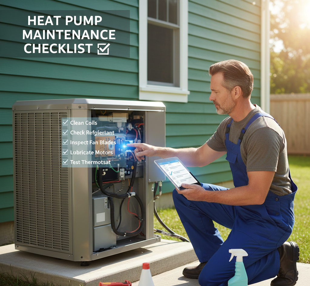 man checking the heat pump and making sure all the heat pump maintenance checklist is ticked which is placed outside of home
