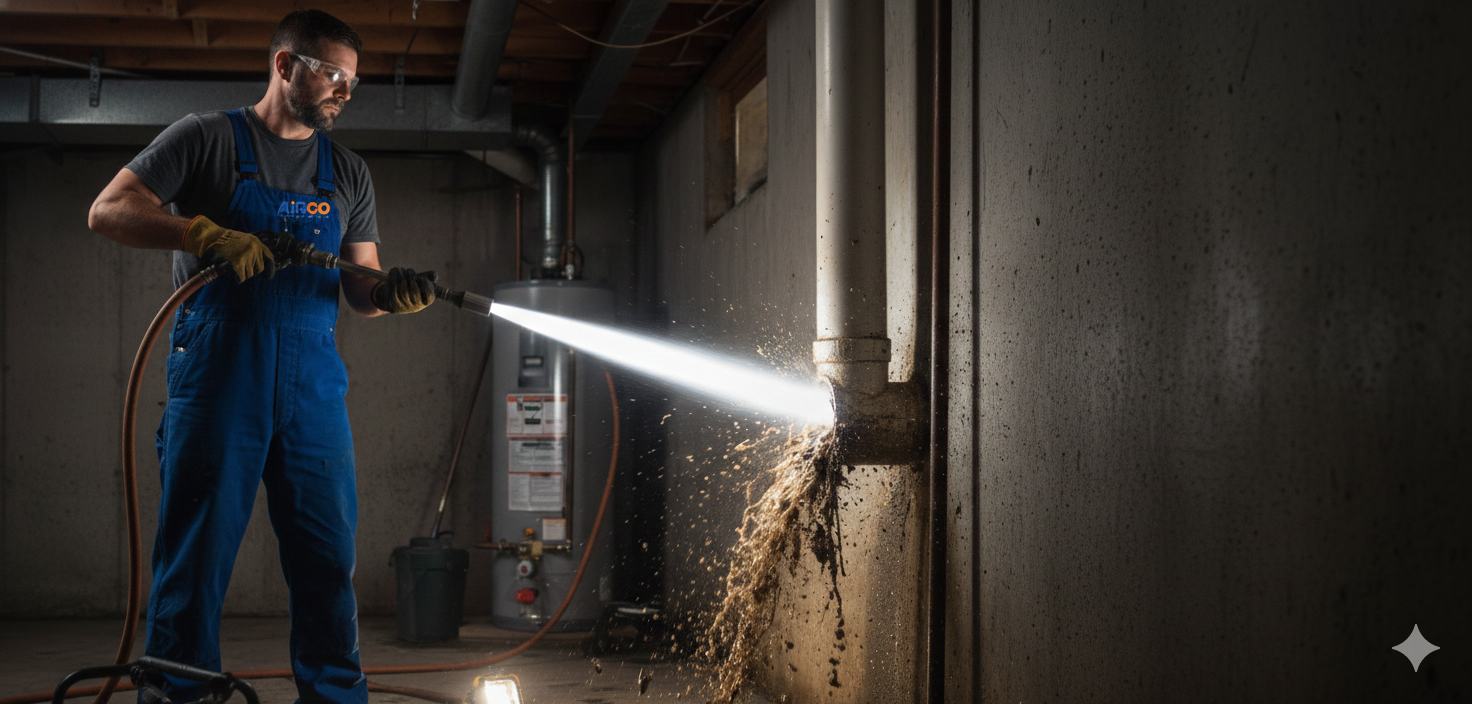 A man using hydro jetting to clean the pipelines